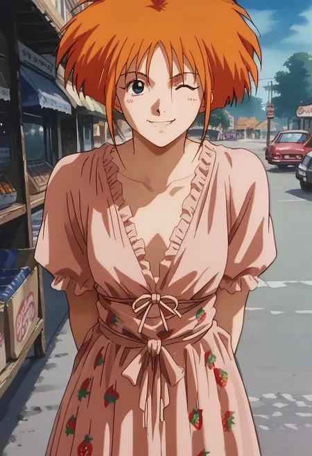 oficial art, detailed anime, screencap, score_9, score_8_up, score_7_up, score_6_up, master piece, anime coloring, source_anime, detailed eyes, retro artstyle, 1990s \(style\), 1girl, solo, orange hair, medium breast, perfect body, large hips, young, strawberry dress, feminine curves, 1990s \(style\), eye wink, happy face, smiling face, leaning forward, ((hands behind back back)), head slightly tilted,  standing, cowboy shot, (((shop street background))), cute pose, NEGATIVE_HANDS