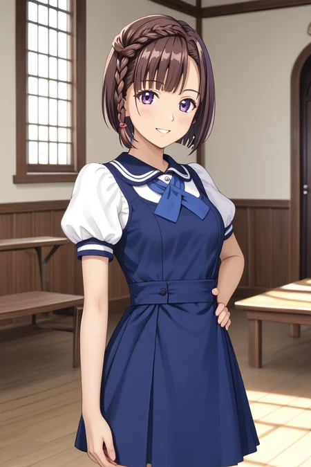in monastery, (hand on waist, kimura manatsu, short hair, skirt, brown hair, shirt, single side braid hair, bob-cut, standing, school uniform, standing, purple eyes, white shirt, short sleeves, (blue pinafore dress), puffy sleeves, indoors, cowboy shot) 1girl, best quality, cowboy shot, seductive smile, Overall Detail, (slim, looking at viewer, young-adult), large breast, Fix hand <lora:Kimura_Manatsu_ATSK_Pony:1>