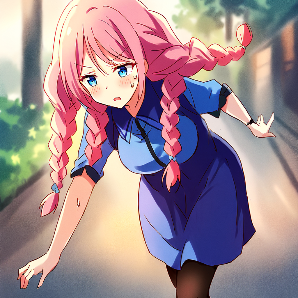 score_9, score_8_up, score_7_up,source_anime, (solo), 1girl, sunrise blue eyes, sweat, fleeing, leaning forward, blue dress, black pantyhose, pink hair, twin braids, (rating_safe),  <lora:age_slider_v4:2>