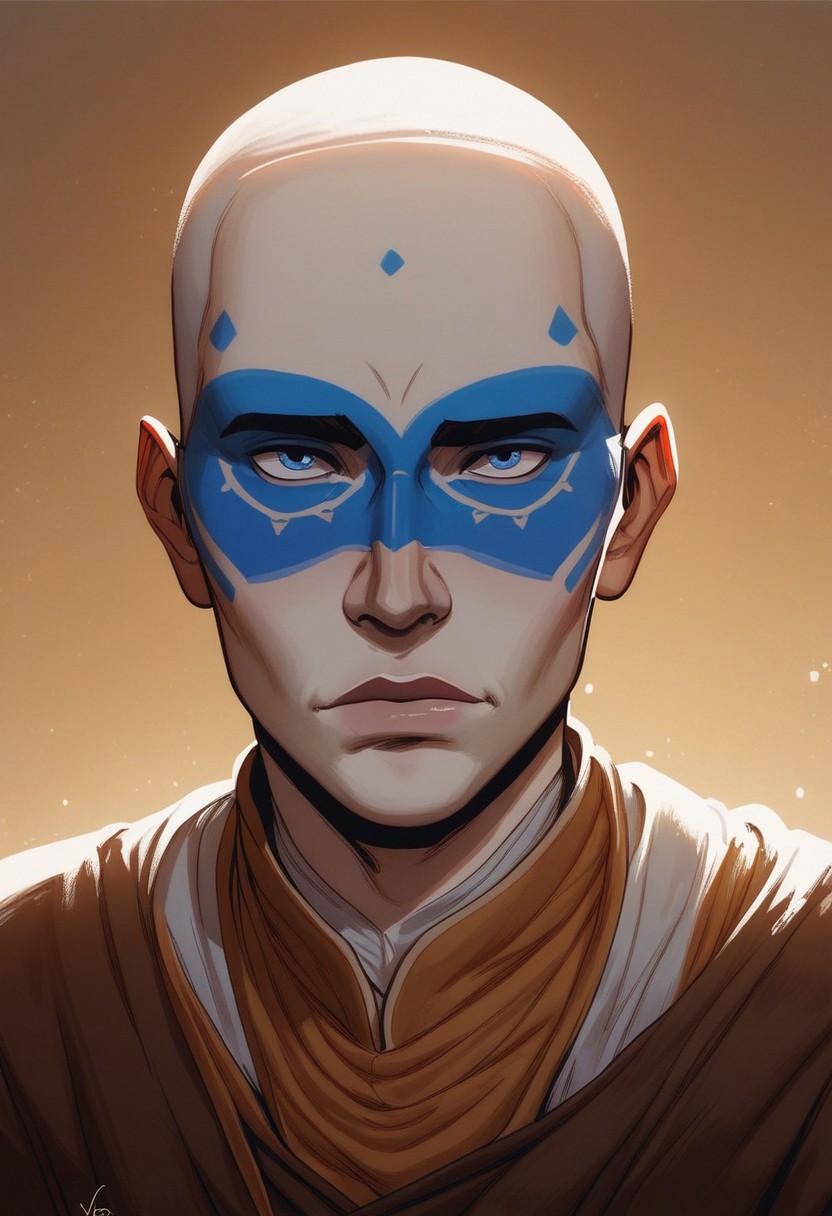 score_9, score_8_up, score_8, score_7_up, score_7, score_6_up, score_6, score_5_up, Asian man, upper body, bald, white skin, , colored skin, simple background, closed mouth, brown background, (face paint, flower face paint, delft porcelain, blue and white porcelain, delaware porcelain:1.2), vox machine style, 1boy, male focus, solo, close up portrait, fantasy, tavern background, (dynamic lighting:1.1)
((masterpiece))