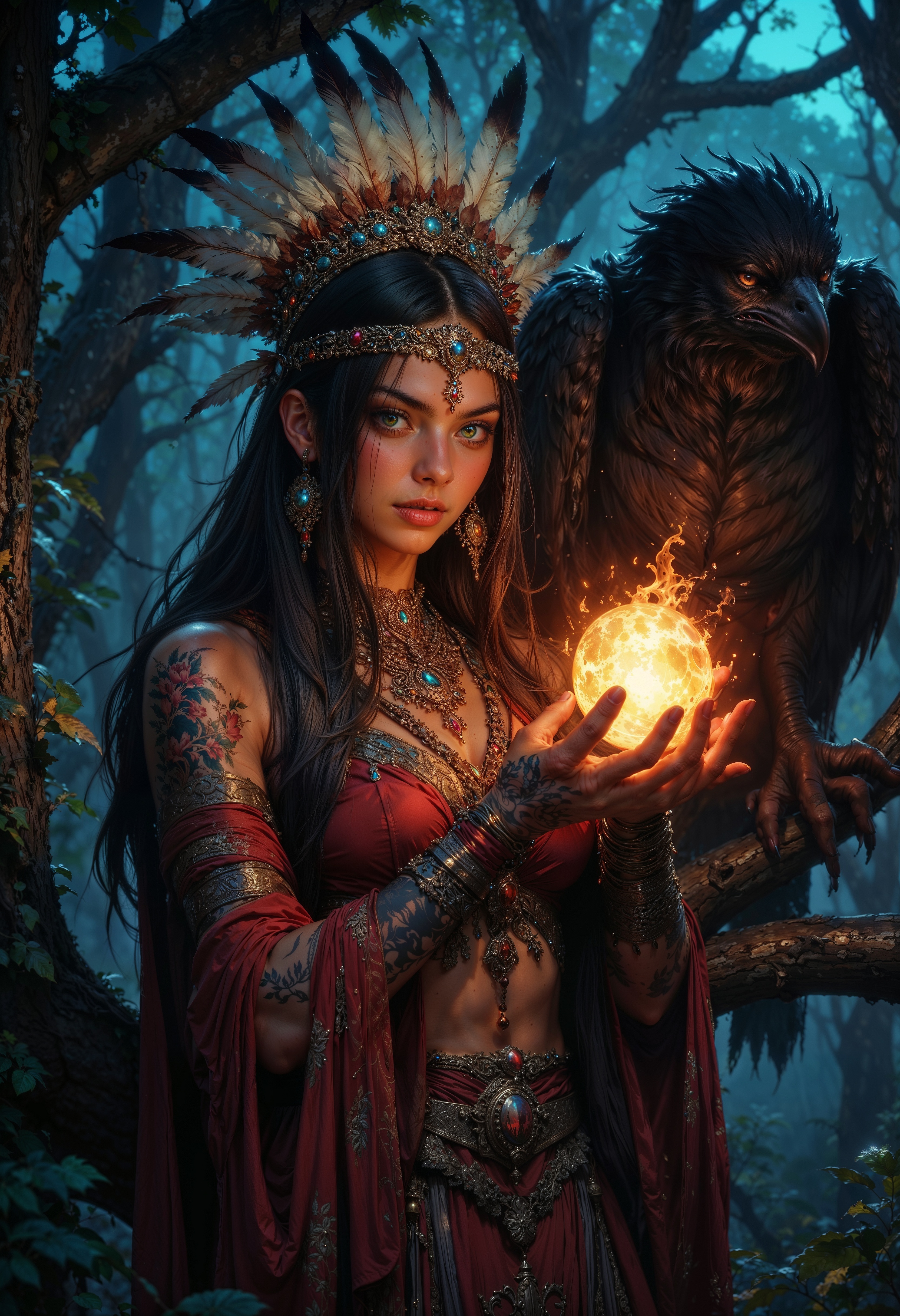 a mystical scene set in a dimly lit forest. The central subject is a Native American woman with long, flowing dark hair adorned with an elaborate headdress made of feathers. Her skin is a warm tone, and her facial features are striking, with glowing eyes that match the fiery orb she holds in her hands. She wears intricate jewelry and tribal-inspired clothing with detailed patterns. Her arms are decorated with tattoos, adding to her enigmatic appearance. Beside her, perched on her arm, is a large, dark-feathered bird with piercing eyes, contributing to the mystical atmosphere. The background is a dense forest with a bluish hue, enhancing the magical and mysterious ambiance of the scene.