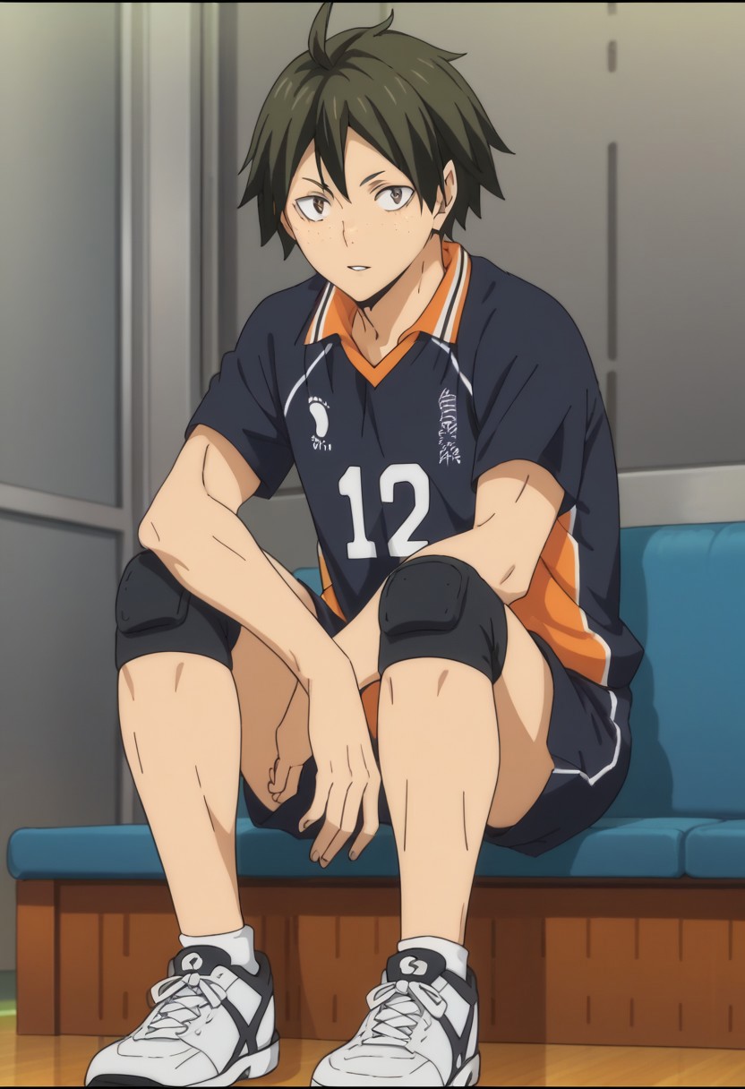 score_9, score_8_up, score_7_up, source_anime, rating_safe, YamaguchiHAIKYU, Yamaguchi_freckles, brown_Yamaguchi_eyes, dark green_Yamaguchi_hair, 1boy, male focus, anime screencap, black-orange_Karasuno_shirt, black-orange_Karasuno_shorts, black_Karasuno_knee pads, white_Karasuno_sneakers, sitting,