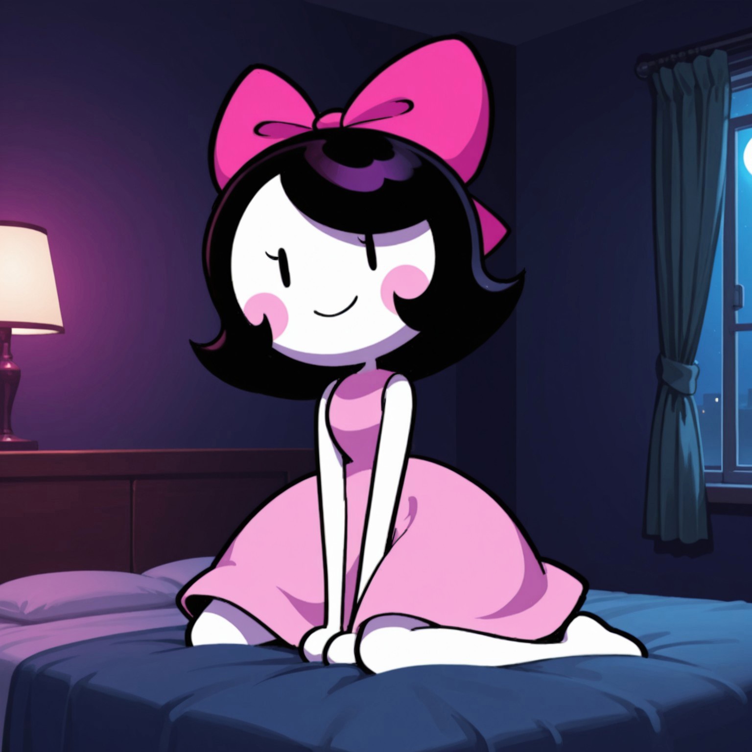 1girl, 2d, solo, Twinsomniagirl, female, white body, white skin, short hair, black hair, pink bow on head, blush stickers, black eyes, eyelash, no sclera, pink dress, sleeveless

BREAK night, indoors, bedroom, bed, sitting, on bed, smile, looking at viewer, lights off, dark room, moonlight

BREAK best quality, amazing quality, very aesthetic, absurdres, newest, masterpiece 