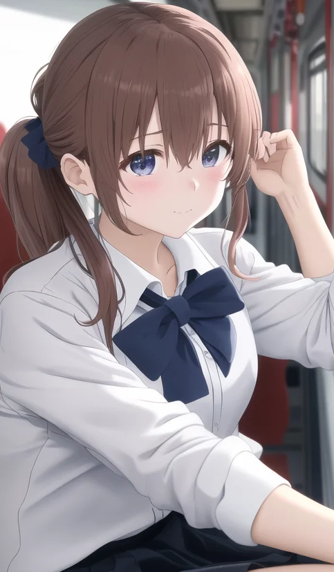 masterpiece, best quality, ultra highres,1girl, solo, koe no katachi, shirt, collared shirt, long ponytail hair, train interior, white shirt, bow, brown hair, short sleeves, letterboxed, bangs, closed mouth, facing viewer, blurry, school uniform, blue bow, dress shirt, upper body, depth of field, hair between eyes, blurry background, bowtie, ground vehicle, indoors, <lora:aSilentVoiceKoeNoKatachi_v10:0.7>