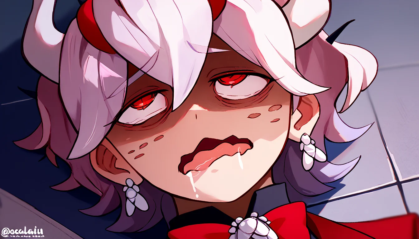 score_9, score_8_up, score_7_up, portrait, solo, 1girl, htbeelzebub, freckles, demon horns, formal, red suit, waistcoat, red bowtie, red jacket, black shirt, earrings, bocchianxiety, open mouth, wavy mouth, mouth drool, rolling eyes, on floor <lora:meme_bocchianxiety_ponyXL:1> <lora:helltaker_beelzebub_ponyXL:1>