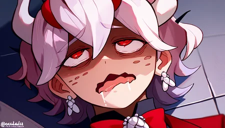 score_9, score_8_up, score_7_up, portrait, solo, 1girl, htbeelzebub, freckles, demon horns, formal, red suit, waistcoat, red bowtie, red jacket, black shirt, earrings, bocchianxiety, open mouth, wavy mouth, mouth drool, rolling eyes, on floor <lora:meme_bocchianxiety_ponyXL:1> <lora:helltaker_beelzebub_ponyXL:1>