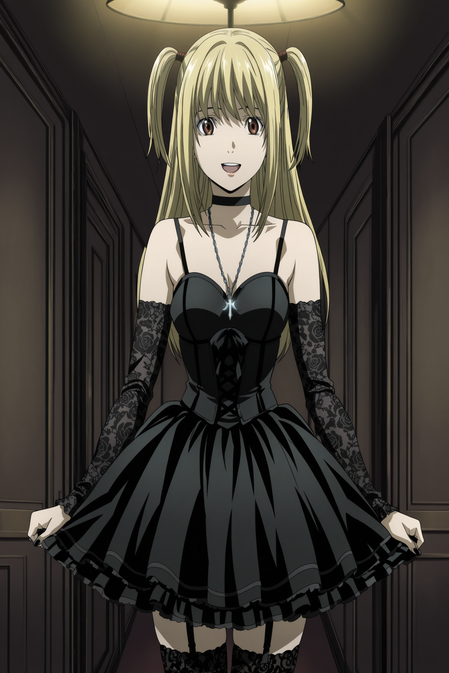 anime screencap, anime coloring, detailed face, masterpiece, best quality, very aesthetic, absurdres, volumetric lighting, official style, amazing quality, ultra detailed,  highres, amazing quality, scenery, beautiful detailed hair, beautiful detailed eyes,
 <lora:Misa_AmaneMisa_Misa_Death_Note:1>
Misa black gothic dress (outfit), Misa Amane (character), 1girl, solo, goth fashion, blonde hair, brown eyes, gothic lol, two side up, choker, lol fashion, dress, detached sleeves, jewelry, thighhighs, necklace, long hair, 
cowboy shot, cute smile, open mouth,