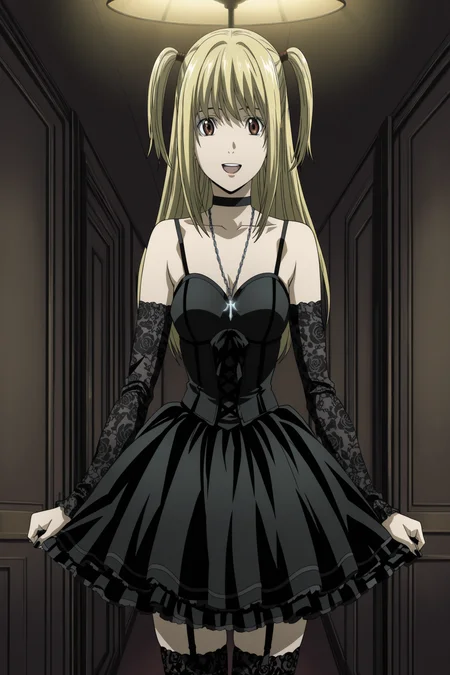 anime screencap, anime coloring, detailed face, masterpiece, best quality, very aesthetic, absurdres, volumetric lighting, official style, amazing quality, ultra detailed,  highres, amazing quality, scenery, beautiful detailed hair, beautiful detailed eyes,
 <lora:Misa_AmaneMisa_Misa_Death_Note:1>
Misa black gothic dress (outfit), Misa Amane (character), 1girl, solo, goth fashion, blonde hair, brown eyes, gothic lol, two side up, choker, lol fashion, dress, detached sleeves, jewelry, thighhighs, necklace, long hair, 
cowboy shot, cute smile, open mouth,