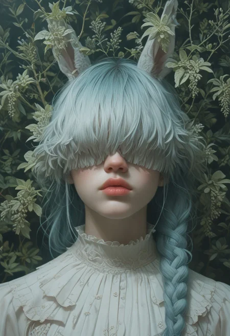 (Score_9:1.1), score_8_up, score_7_up,
(limited lighting, high contrast, highres, closed_mouth:1.4, absurdres),(leaning head foreward:0.3)
Fl0ralD0lls 
solo, bunny ears, human woman, curious, (ferns:1.3), realistic, focus on face, hime cut, pacific blue hair, (hair over eyes:1.5),((hair in very long single braid)), big lips, full lips, glossy lips, matte skin, matte colours