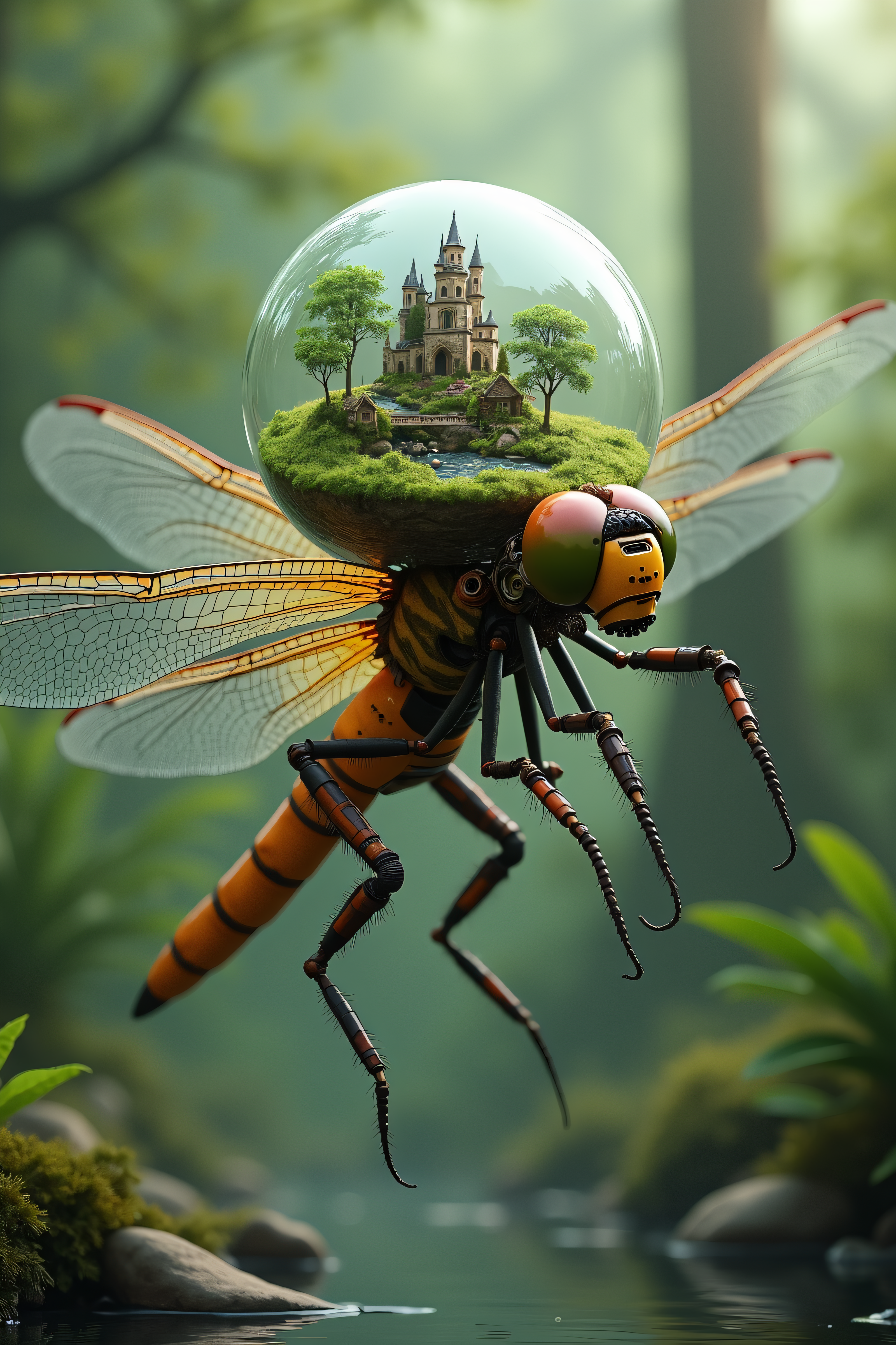 national geographic photography of a dragonfly flying in the swamps, he transport a glass terrarium with a miniture city in his head, realistic, mechanical vegetal cyborg, futuristic robot organisms, steampunk robot insects, steampunk animal