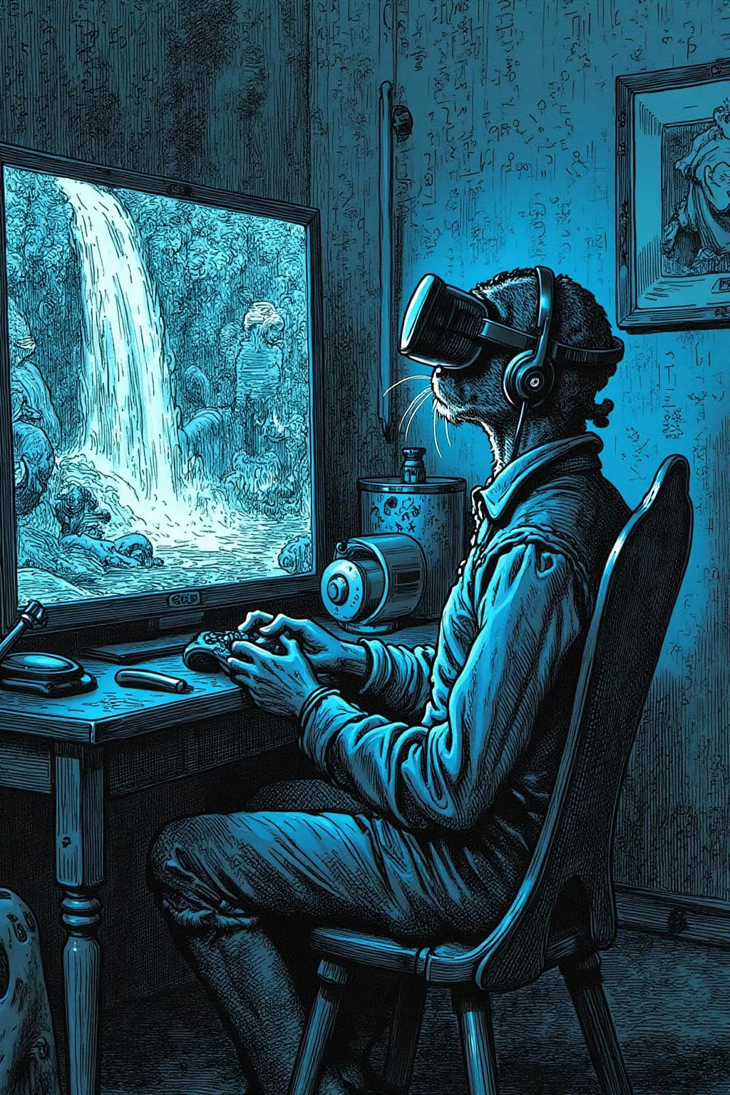 gusdore1 illustration. A matrix code waterfall is filling the screen, double exposure with A cat playing game, wearing a VR Headset, looking up. The headset is displaying the matrix code waterfall <lora:gusdore1_nocap_d4a2e8:1.0><lora:801220312491395044:0>