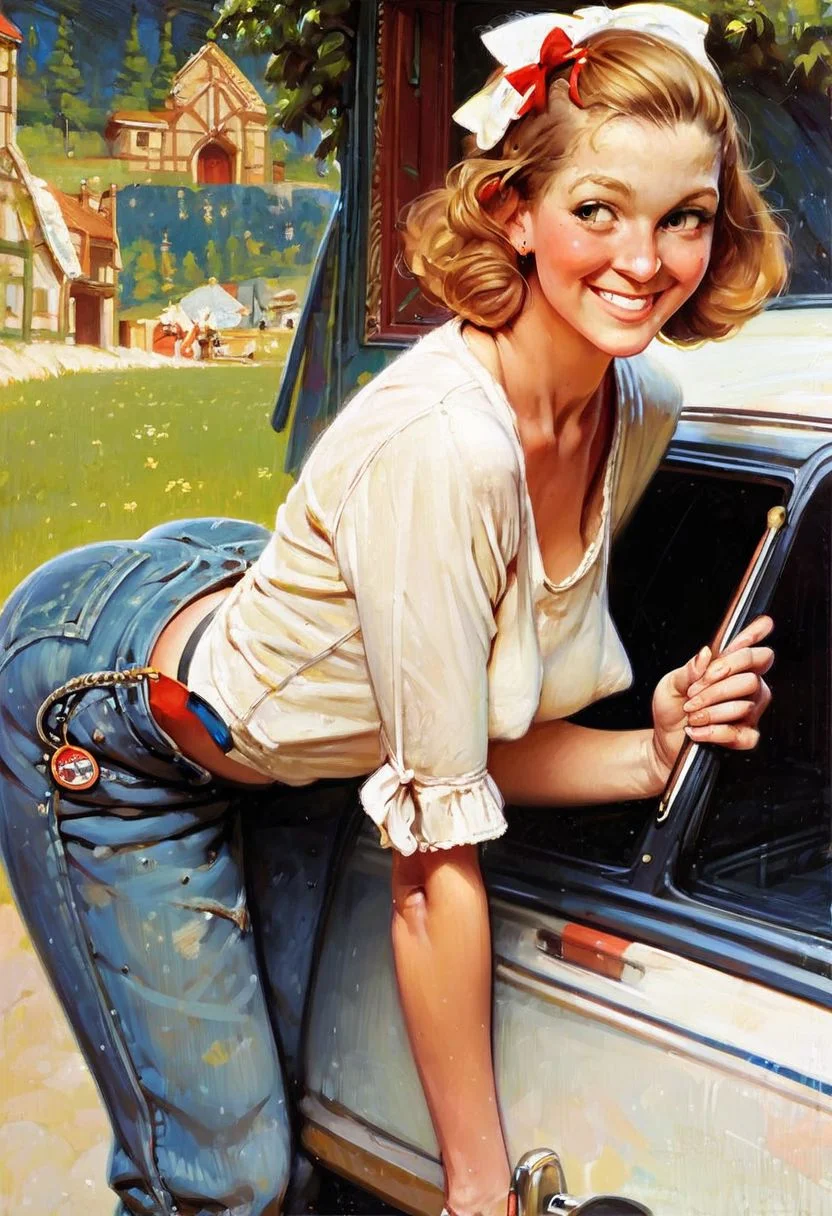 woman in 1950 outfit , woman mechanic outfit, wearing loose jeans, overall jeans, tits hanging out, side boobs puffy nipple, leaning forward to fix car, car hood up head bow, ,beautiful face, pale skin, smile, amber hair , Norman Rockwell style
painting study by Norman Rockwell
score_9, score_8_up, score_7_up, score_6_up, score_5_up, score_4_up,