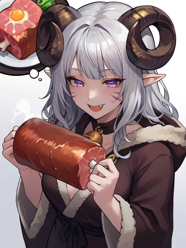 <lora:boned_meat_manga_meat:1> boned_meat, holding_food, fangs, holding boned_meat, steam on meat, eating, 
source_furry, score_7_up, rating_safe, cowboy shot, gold necklace, tiefing, short pointed ears,brown horns, (a pair of brown sheep Horns that begin at her temples and curve back: 1.5), bangs,long silver hair long wavy hair, pale skin,<lora:whisker_markings:0.8> whisker_markings:1.4 , pointy ears, purple eyes:1.2, <lora:age_slider_v4:0.6>   medium breasts, skinny female, close up, silver hair, <lora:Tieflingnew weird fantasyDND:0.3> Tiefling, pointed ears, horns, from above,  half-closed eyes:1.5,<lora:Smooth Style 2 SDXL_LoRA_Pony Diffusion V6 XL:0.5>  shepherd's crook, bell, robe, hood off, <lora:Nanoless_Artist_Style_PonyXL:0.3>