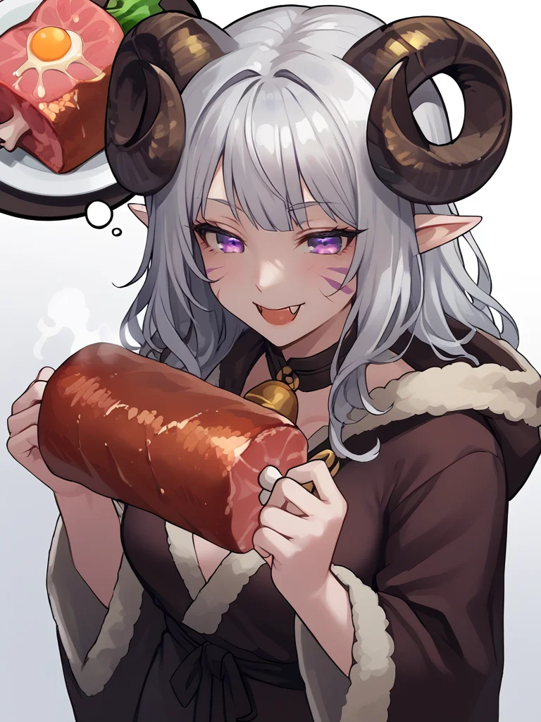 <lora:boned_meat_manga_meat:1> boned_meat, holding_food, fangs, holding boned_meat, steam on meat, eating, 
source_furry, score_7_up, rating_safe, cowboy shot, gold necklace, tiefing, short pointed ears,brown horns, (a pair of brown sheep Horns that begin at her temples and curve back: 1.5), bangs,long silver hair long wavy hair, pale skin,<lora:whisker_markings:0.8> whisker_markings:1.4 , pointy ears, purple eyes:1.2, <lora:age_slider_v4:0.6>   medium breasts, skinny female, close up, silver hair, <lora:Tieflingnew weird fantasyDND:0.3> Tiefling, pointed ears, horns, from above,  half-closed eyes:1.5,<lora:Smooth Style 2 SDXL_LoRA_Pony Diffusion V6 XL:0.5>  shepherd's crook, bell, robe, hood off, <lora:Nanoless_Artist_Style_PonyXL:0.3>