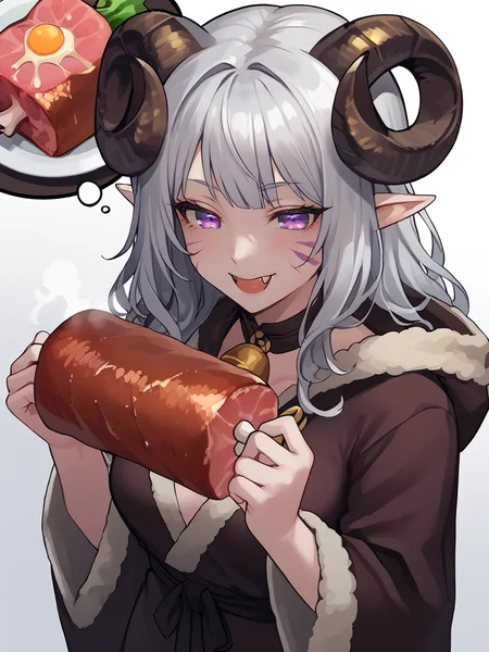 <lora:boned_meat_manga_meat:1> boned_meat, holding_food, fangs, holding boned_meat, steam on meat, eating,
source_furry, score_7_up, rating_safe, cowboy shot, gold necklace, tiefing, short pointed ears,brown horns, (a pair of brown sheep Horns that begin at her temples and curve back: 1.5), bangs,long silver hair long wavy hair, pale skin,<lora:whisker_markings:0.8> whisker_markings:1.4 , pointy ears, purple eyes:1.2, <lora:age_slider_v4:0.6> medium breasts, skinny female, close up, silver hair, <lora:Tieflingnew weird fantasyDND:0.3> Tiefling, pointed ears, horns, from above, half-closed eyes:1.5,<lora:Smooth Style 2 SDXL_LoRA_Pony Diffusion V6 XL:0.5> shepherd's crook, bell, robe, hood off, <lora:Nanoless_Artist_Style_PonyXL:0.3>