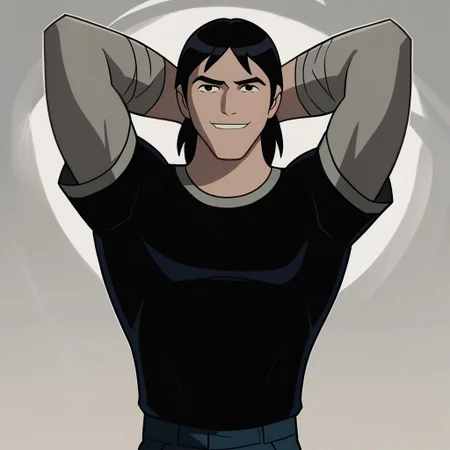 score_9, score_8_up, score_7_up BREAK KevLev, 1boy, short black hair, black eyes, gray-collared short-sleeved black shirt, long-sleeved gray undershirt, blue pants, black shoes, hands behind head, smiling at viewer, solo, solo focus, male focus,