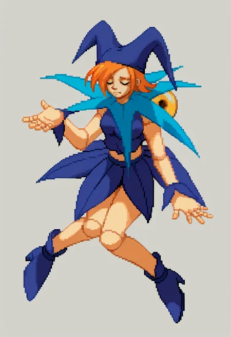 score_9, score_8_up, score_7_up, source_anime, BREAK, solo, 1girl, looking at viewer, <lora:Guilty-Gear-SpritesV2-pdxl_Fp:1>, simple background, pixel art, full body, floating, <lora:MarionetteVsav-pdxl_Fp:1>, mitte, orange hair, closed eyes, doll joints, jester cap, midriff, blue skirt, wrist cuffs, collar,