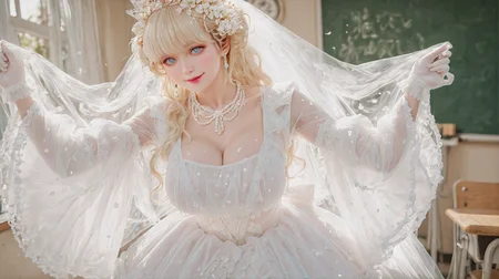 (masterpiece, best quality,realistic:1.3),absurdres,(looking at viewer, collarbone,),(smile,bright_pupils,dilated_pupils:1.3),
1girl,solo,blonde hair,blue eyes,long hair,asian,wavy hair,blunt bangs,
Floral Fae: Where Petals Learn to Breathe,white dress,jewelry,bridal veil,wedding dress,hair ornament,hair flower,detached sleeves,wide sleeves,makeup,long sleeves,earrings,white flower,white footwear,pearl necklace,lipstick,white gloves,tiara,layered dress,wide sleeves,crown,
cleavage,large breasts,bouncing breasts,classroom,<lora:aidmaImageUpgrader-v0.3-IL:0.6>,<lora:Floral Fae(IL):0.8>,