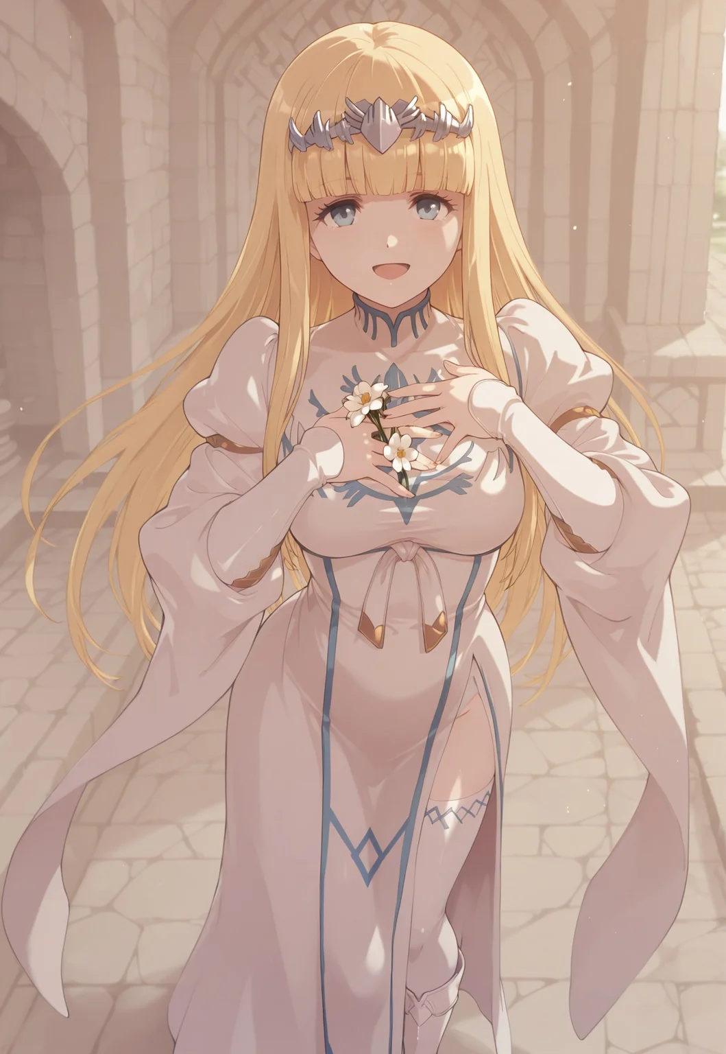 safe_pos, masterpiece, best quality, typ0, (((1girl))), solo,
((calcadress, tiara, juliet_sleeves, wide_sleeves, white_vambraces, tied_dress, taut_clothes, long_sleeves, long_dress, blue_body_curtain, side_slit, thighs, white_legwear, boots, white_footwear ))
looking_at_viewer, open_mouth, happy, light_smile, hand_on_own_chest, holding_flower, outstretched_hand, standing, dynamic pose,
outdoors, palace background, day time,