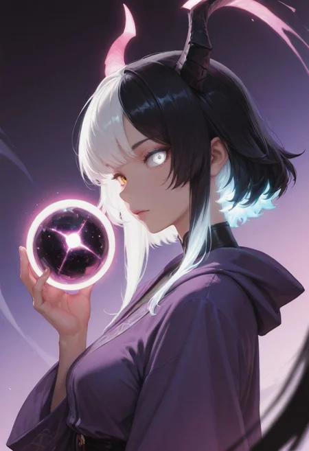 SmoothNoob_Quality, 1girl, solo, demon girl, solo, purple robe, black hair, white hair, multicolored hair, glowing hair, looking at the viewer, heterochromia eyes, white eye, neon color palette, holding orb, floating orb, eerie, dynamic lighting, shadows, dynamic angle, from side, portrait, abstract background, <lora:SmoothStyle_Lambda:1>