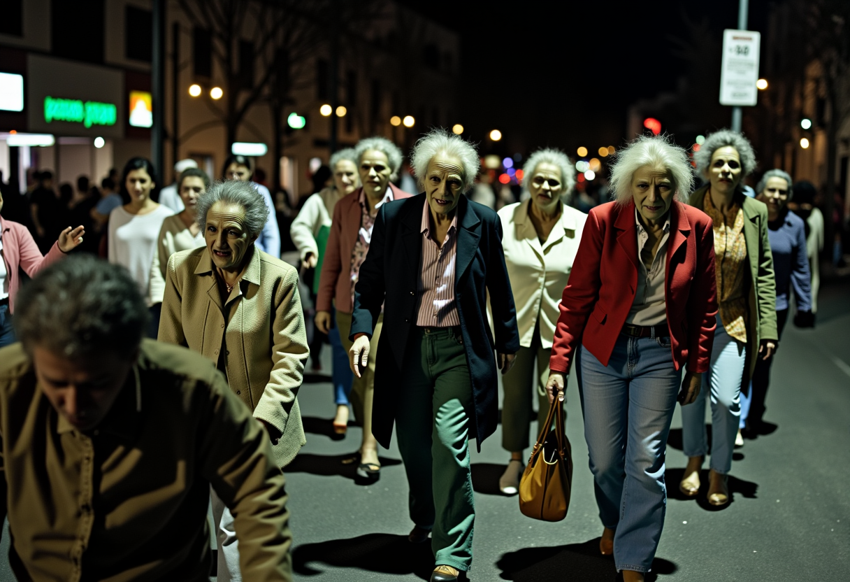 Night of the living dead street walker diverse elderly zombie women of the oldest profession wandering in droves holding up traffic, distressed, muted colors, vignetting