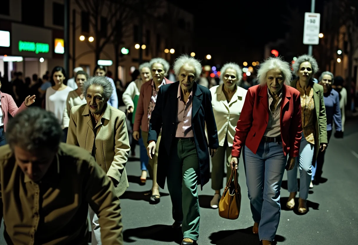 Night of the living dead street walker diverse elderly zombie women of the oldest profession wandering in droves holding up traffic, distressed, muted colors, vignetting