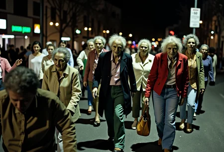 Night of the living dead street walker diverse elderly zombie women of the oldest profession wandering in droves holding up traffic, distressed, muted colors, vignetting