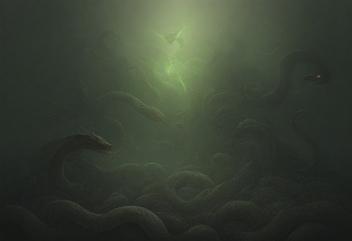 dark fantasy art, gothic art, detailed background, intricate, Exquisite details and textures, highly detailed, ultra detailed photograph, 4k, sharp focus, high resolution, a wolf with snakes skin, summons a creature, fire and water vortex, dramatic, green eyes, glowing eyes, gothic cloak, backlit fog surrounds character
BREAK 
snakes surround the character on the ground, character is in an ancient tomb, 12 snake soldiers surround main character
snake, snake on shoulders, sn4k3