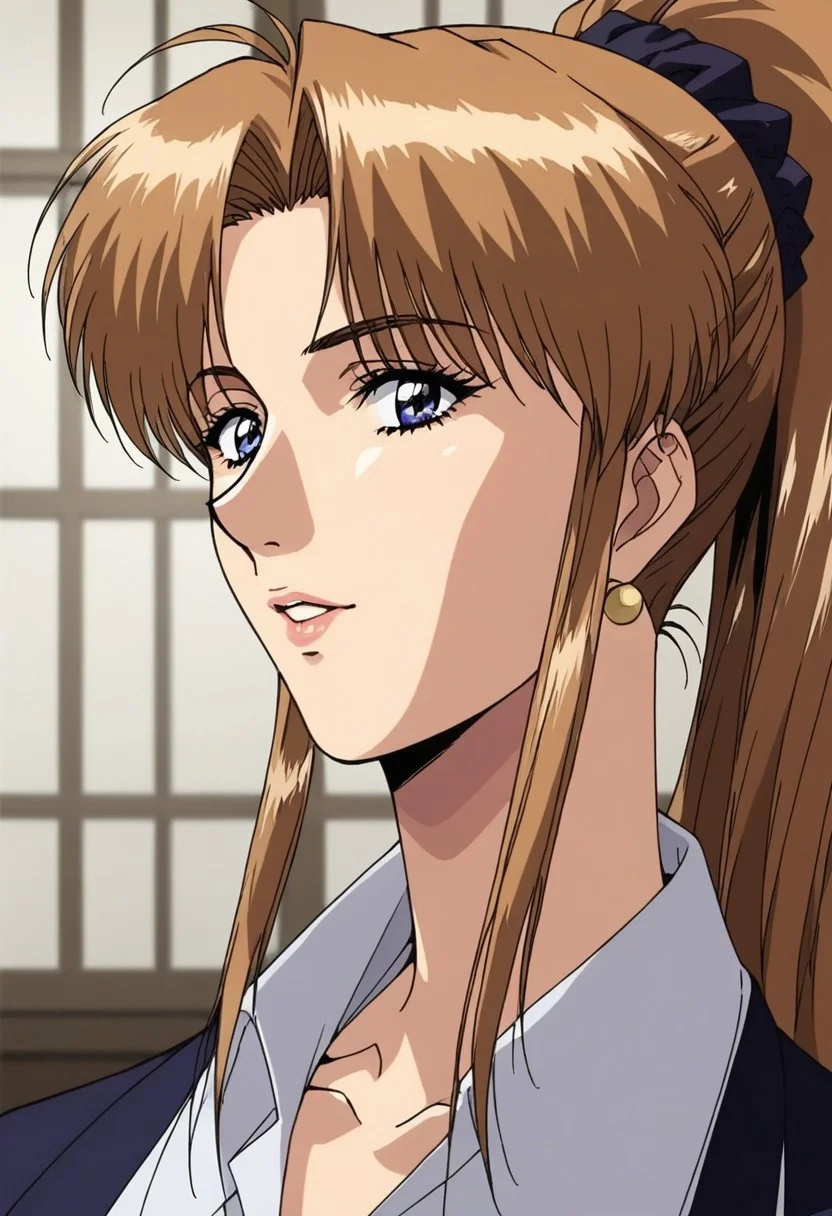 score_9_up, score_8_up, score_7_up, high quality, 8k,best quality,retro anime style, detailed retro anime,high detail, (clear picture),detailed face,masterpiece,1girl,miss mizutani,mature woman,animated,thighhighs,blond hair,ponytail,purple eyes,blue suit,sexy body, beautiful face,looking at the viewer,sexy pose, seductive pose,