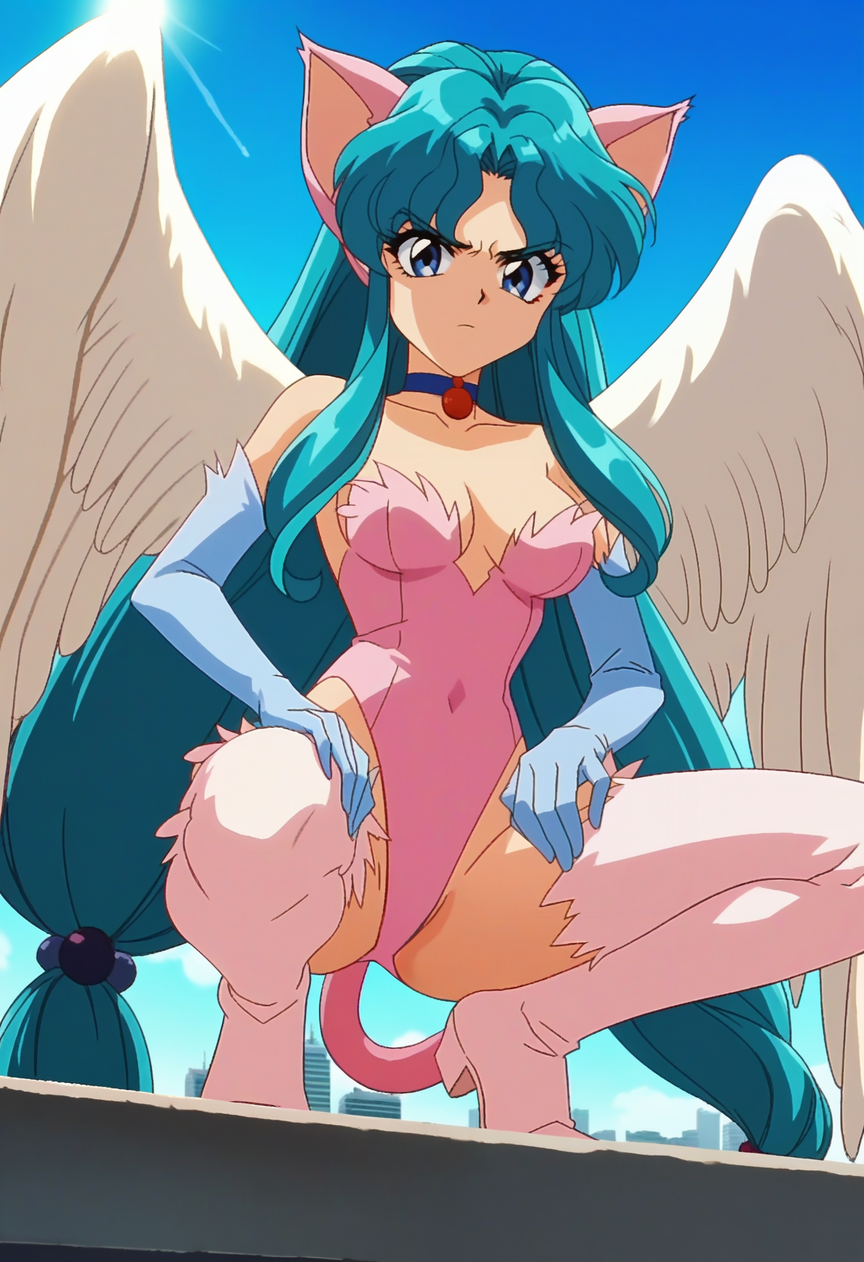 score_9, score_8_up, score_7_up, score_6_up, anime screencap, anime coloring, <lora:JBHL_epoch_10:0.9>, JBHL, monster girl, solo, aqua hair, very long hair, low twintails, sidelocks, blue eyes, animal ears, medium breasts,
blue choker, angel wings, pink leotard, elbow gloves, thighhighs, pink tail, thigh boots, 
squatting, looking at viewer, serious, from below, hands on own knees, legs apart, 
BREAK cityscape, blue sky, sky, day, sunlight, sunbeam,