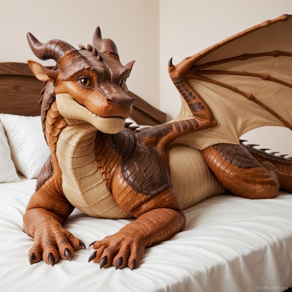 score_9, score_8_up, score_7_up, score_6_up, masterpiece, high quality, realistic, detailed, best quality, 1boy, solo, rating_safe, source_furry, bedroom, white bed, smiling, seductive, (looking at viewer), lying on belly, detailed eyes, feral, Mudwing, brown scales, dragon, horns, claws, wings, tail, Clay_wof, male, brown eyes