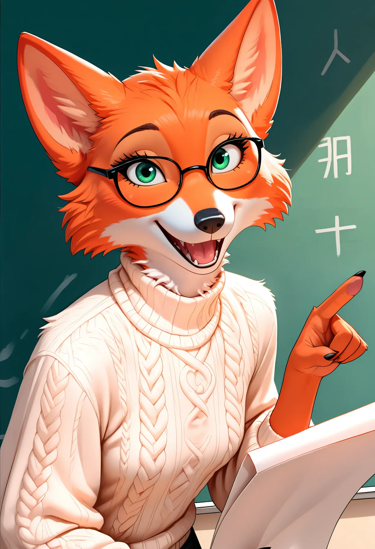 masterpiece, best quality, newest, absurdres, highres, safe, beautiful lighting, detailed, realistic, BREAK,
on model, marianc, 1girl, solo, female, orange fur, green eyes, black nose, fluffy, upper body, glasses, classroom, chalkboard, teacher, teaching, cream sweater, white sweater, smiling, open mouth, talking, looking at viewer, intelligent, excited, mature, happy, educational, holding paper, pointing at paper, leaning toward viewer, raised eyebrows, leaning forward, ears to side, messy fur, big ears, small breasts, flat chest, ears apart, from front, fox, ears
, <lora:Marian_v10Noob3-9s96:0.8>    <lora:noobai_ep11_stabilizer_v0.138_fp16:0.8>