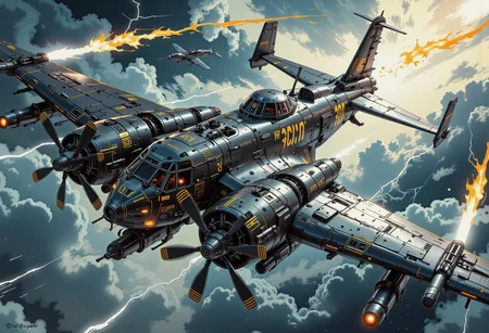 A hyper-detailed, wide-view, high-angle shot captures a breathtaking futuristic sci-fi cinematic scene. The dramatic sunny sky forms the backdrop, with swirling, dark clouds illuminated by streaks of lightning. Below, a colossal, double-body heavy aircraft dominates the scene, wandering through, its immense silhouette cutting effortlessly through the tempestuous atmosphere.
The plane, A sleek pair of binoculars with metallic black cylinders, connected by a central bridge, a fusion of grimdark aesthetics and futuristic design, boasts twin propellers on each body’s front, their spinning arcs carving through the clouds. Forged from dark gunmetal alloy, the twin fuselages glisten faintly under the sporadic flashes of lightning, their surfaces adorned with intricate golden runes and glowing cybernetic lines that pulsate with ethereal energy. Massive wings, equipped with engines and weaponry, stretch outward, embodying power and mechanical precision.
The high-angle perspective highlights the aircraft’s imposing size and intricate mechanical details. Guns protrude from reinforced turrets, their presence adding a menacing tone to the scene. The cloudy expanse, layered with cinematic lighting and rich atmospheric depth, emphasizes the lonely journey of this grim mechanical behemoth. Rendered in ultra-realistic 32k resolution, this masterful digital artwork blends technological artistry with the haunting beauty of a storm-battered sky, evoking awe and wonder.