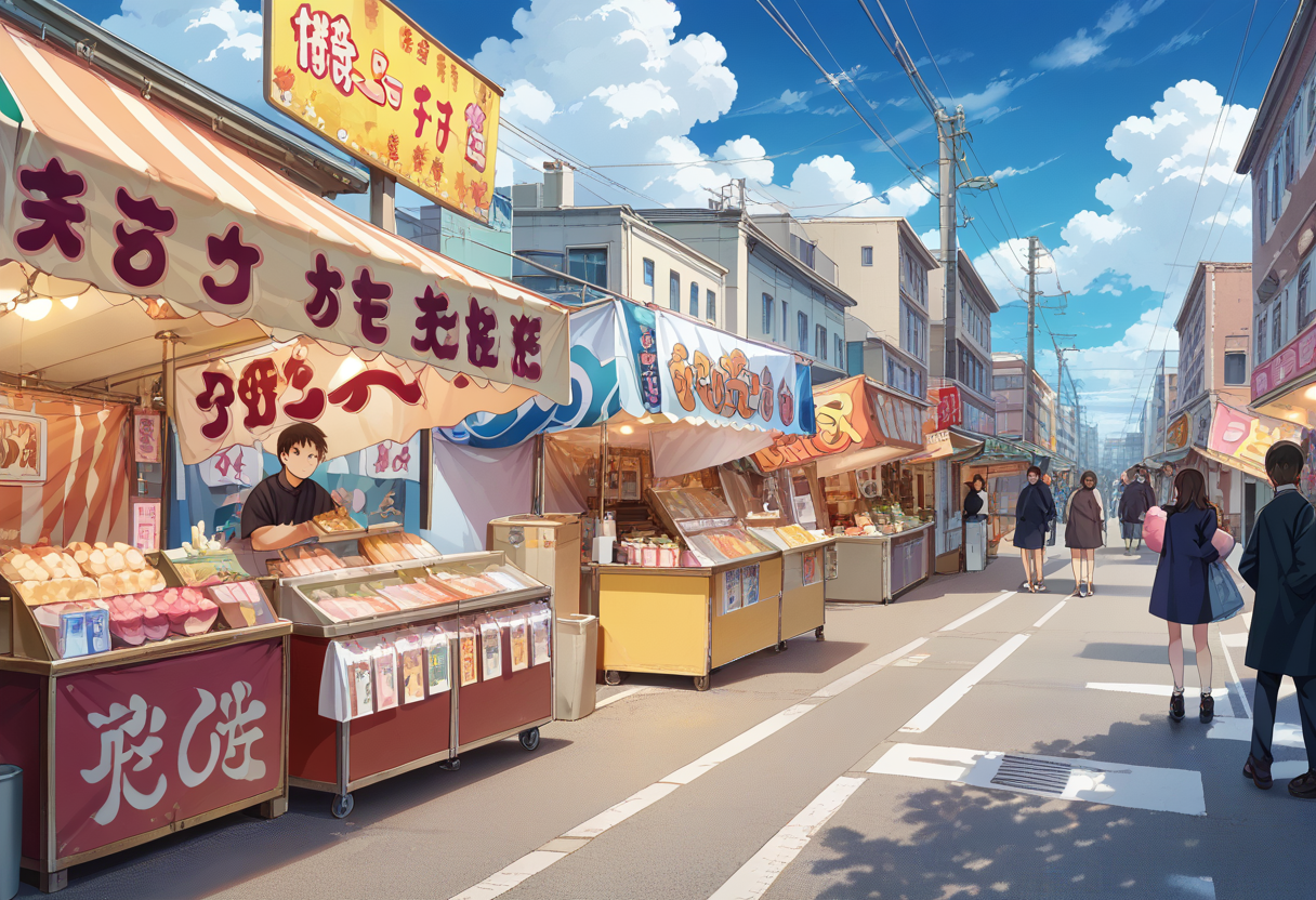 score_9, score_8_up, score_7_up, rating_safe, masterpiece, best quality, absurdres, unity 8k wallpaper, official art, official style, source_anime, uncensored, game cg, megami magazine,
omatsuri, food stand, outdoors, power lines, real world location, utility pole, sky, road, multiple boys, scenery, cloud, sign, street, day, multiple girls, 6+boys, food, building, city, holding, shop, bag, lamppost, blue sky, cloudy sky, coat, 
<lora:omatsuri_PONY_V1:1>