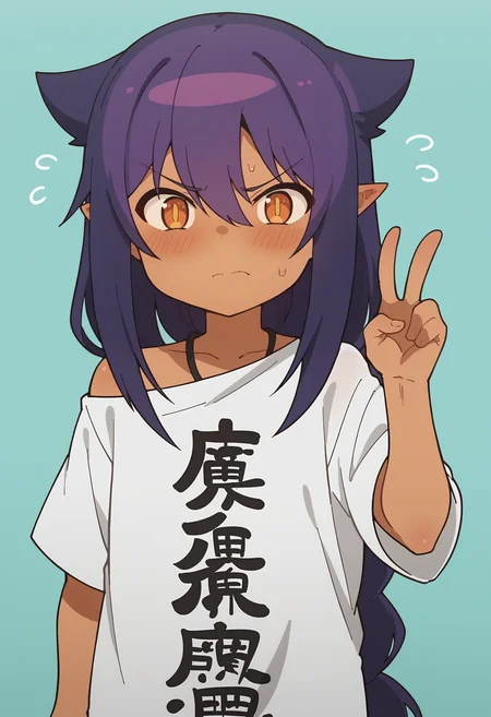 score_9, score_8_up, score_8, source_anime, 1girl, <lora:Jahy:0.85> , solo, chibi, dark skin, dark-skinned female, long hair, hair between eyes, purple hair, pointy ears, shirt, white shirt, clothes writing, oversized clothes, blush, embarrassed, v sign, looking at viewer,
light blue background, simple background,