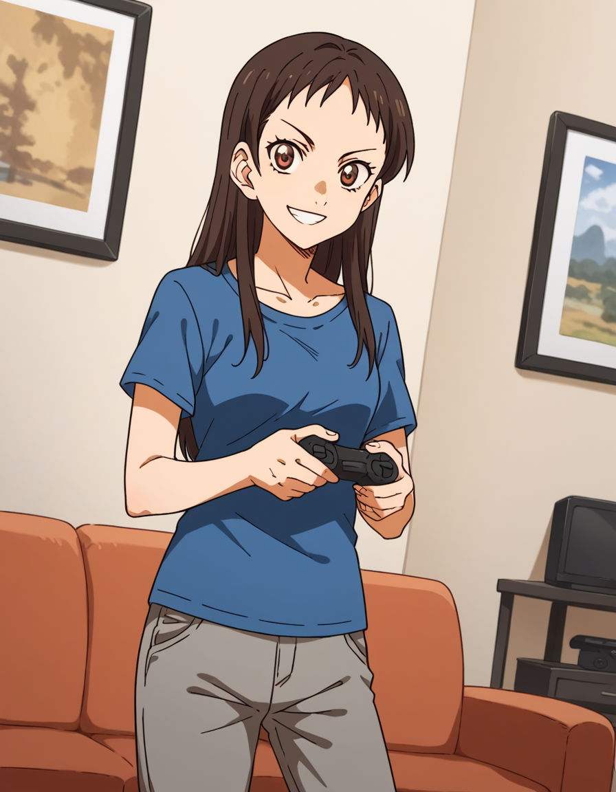 score_9, score_8_up, score_7_up, source_anime, <lora:emi-igawa-s1-ponyxl-lora-nochekaiser:1>,, emi igawa, long hair, brown eyes,, shirt, pants, blue shirt, grey pants, capri pants,, living room, video game, controller, competitive, fun, afternoon, smile, looking at viewer, arm crossed over chest, solo,, cowboy shot, dutch angle
