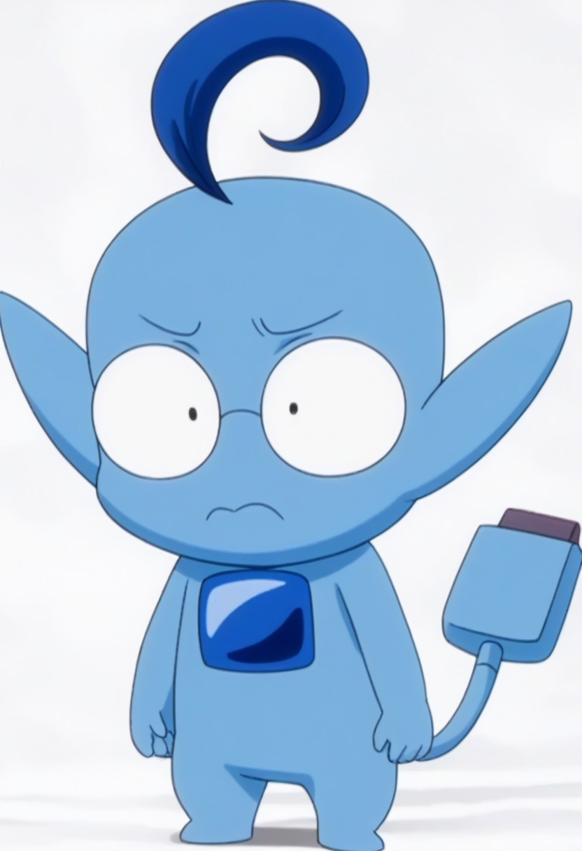 no humans, solo, pokemon(creature), wide-eyed, black eyes, glasses, ahoge, 1boy, blue skin, male focus, tail, pointy ears, full body, closed mouth, frown, simple background, high quality