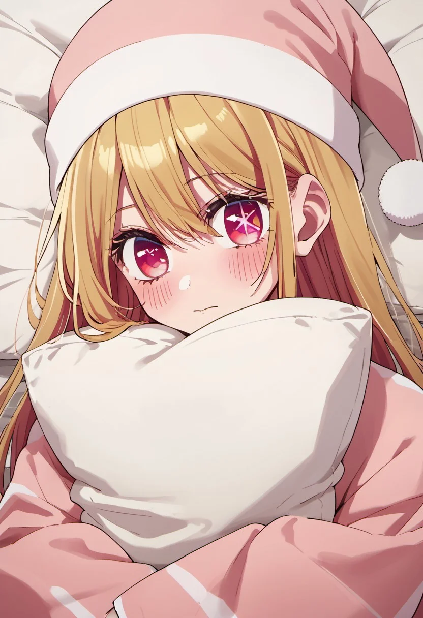 score_9, score_8_up, score_7_up, source_anime, hoshino ruby, blonde hair, long hair, pink eyes, symbol-shaped pupils, 1girl, solo, hat, blush, pillow, pajamas, looking at viewer, closed mouth, pillow hug, pink headwear, object hug