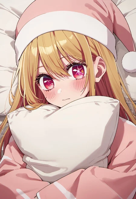 score_9, score_8_up, score_7_up, source_anime, hoshino ruby, blonde hair, long hair, pink eyes, symbol-shaped pupils, 1girl, solo, hat, blush, pillow, pajamas, looking at viewer, closed mouth, pillow hug,  pink headwear, object hug
