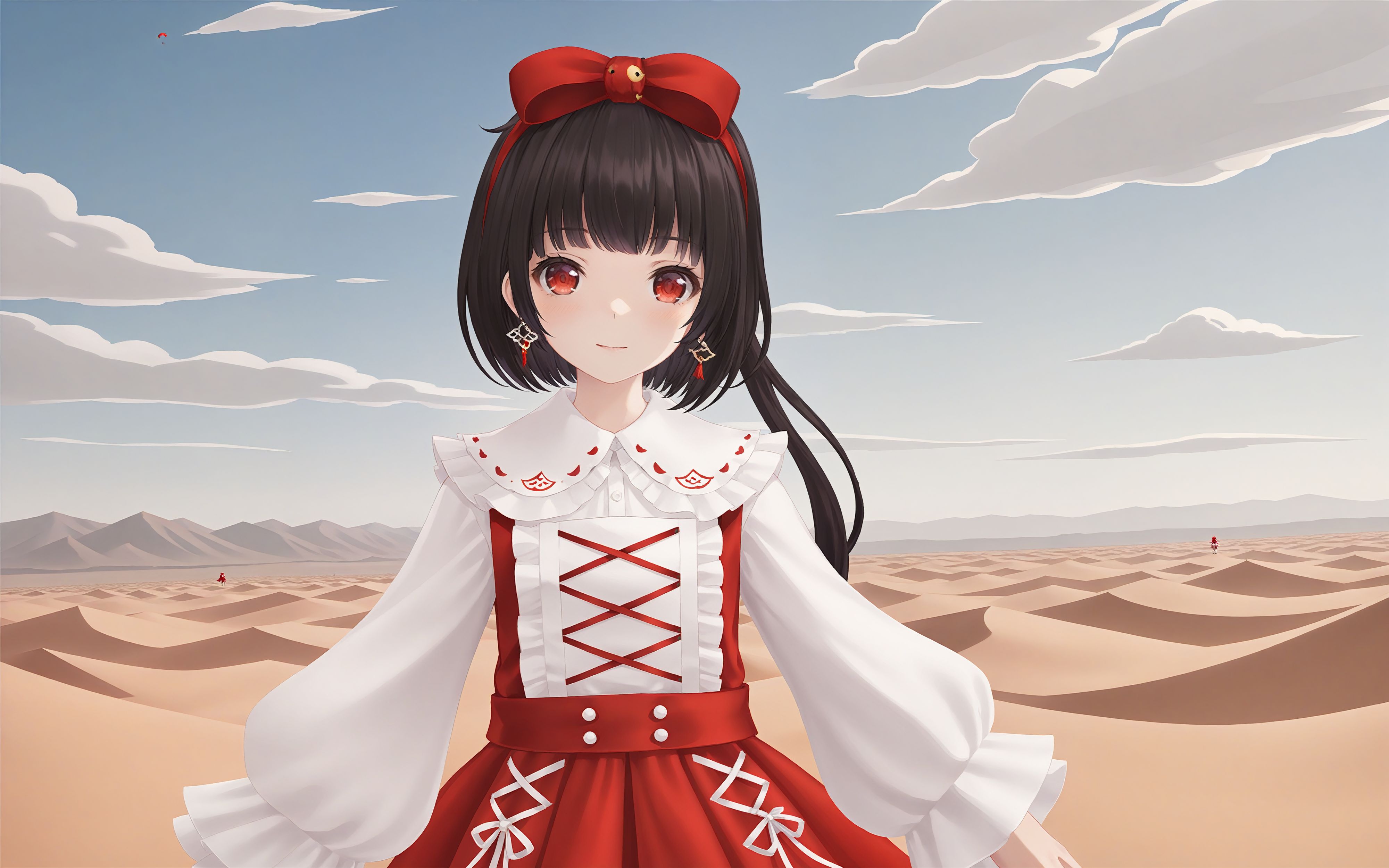 <lora:sdxl_base_yousa v1.1:0.9>, masterpiece, best quality, yousa, yousa_LittleKite, 1girl, solo, red eyes, DMB_hair, LittleKite_hair_ornament, (LittleKite_suits:1.2), looking at viewer, cloudy, desert