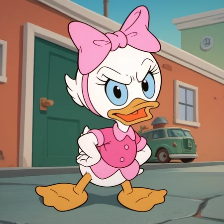 score_9, score_8_up, score_7_up, 1girl, solo, webby1, duck, beak, bow, pout, angry, cute, looking at viewer, open mouth, hair bow, bird, furry, pink bow, full body, furry female, blue eyes, tail, hand on hip, orange legs, hairband, webbed feet, <lora:webby1:1>,