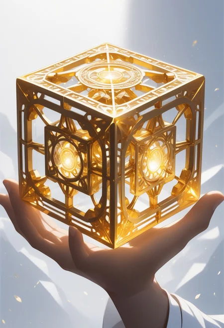 (masterpiece), best quality, Anime, (Floating Cube, (hand holding cube)), White Background, No Humans, Gold and White Theme, Gold Filigree, (Light Refraction), Symphtia-Style, Zyrnox-Exoterra Style