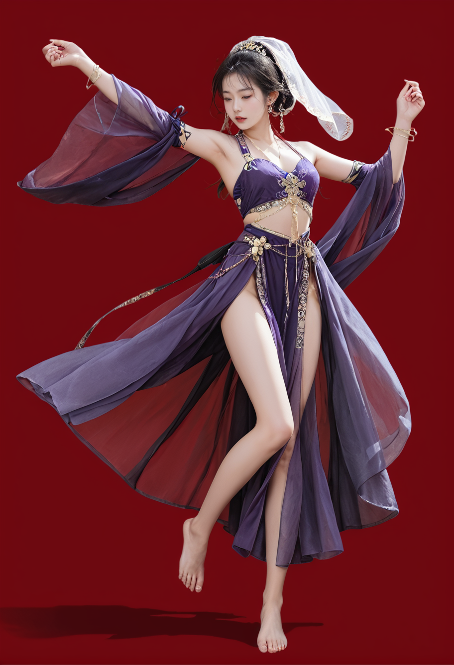 red background,1girl,solo,barefoot,hair ornament,dancing,,ruanyi0757,detached sleeves,jewelry,purple dress,see-through,shawl,veil,<lora:0757 Exotic Priestess_v1_pony:1>, score_9,score_8_up,score_7_up,,8k,1girl,solo,