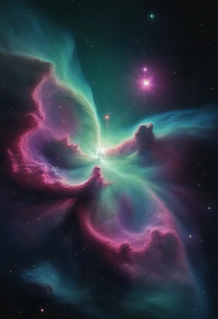 Stunning nebula in space, dynamic colors, purple and green, stars in background, hyper realistic