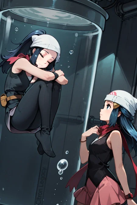 <<This was inpainted>>
masterpiece, best quality, eyelashes, (beautiful eyes), 
2girls, 
zzAkari, grey eyes, eyelashes, black hair, long hair, white headwear, sidelocks, ponytail,  black pantyhose, black undershirt, jacket, loose socks, pantyhose, red scarf, sash,  
, <lora:AkariPokemon_IXL_v2:1.0>,
cloning tank, big tank, closed eyes, dim light, lab, air bubbles, full body, dark environment, hugging knees, floating, 
zzDawn, blue hair, blue eyes, sidelocks, long hair, bare shoulders, beanie, black shirt, black socks, bracelet, hat, jewelry, kneehighs, miniskirt, pink skirt, red scarf, scarf, shirt, skirt, sleeveless, sleeveless shirt, white headwear, (looking at the girl in the tank:1.2)
<lora:DawnPokemone_NAI:0.7>,