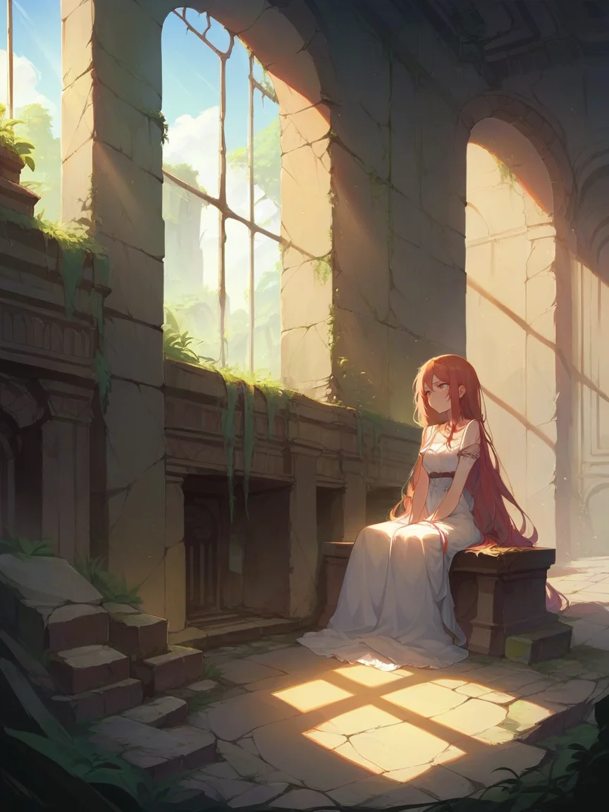 score_9, score_8_up, score_7_up, score_6_up, 1girl, long hair, <lora:d3c4yXLP:0.4> d3c4y, overgrown, sunlight, indoors, sitting, ruins, window,