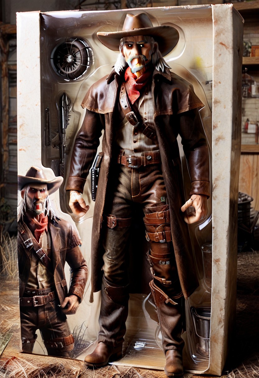 score_9, score_8_up, score_7_up, toy packaging, action figure, 1boy, dbd_deathslinger, old, white long hair, white long mustache, black sclera, white pupils, cowboy hat, jacket, pants, boots,