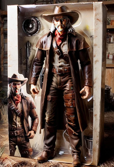 score_9, score_8_up, score_7_up, toy packaging, action figure, 1boy, dbd_deathslinger, old, white long hair, white long mustache, black sclera, white pupils, cowboy hat, jacket, pants, boots,