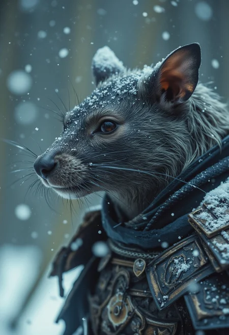 amazing quality, masterpiece, best quality, hyper detailed, ultra detailed, UHD, perfect anatomy, portrait, dof, hyper-realism, majestic, awesome, inspiring, closeup, a Samurai Rat in snow storm, atmospheric haze, cinamatic composition, soft shadows, national geographic style