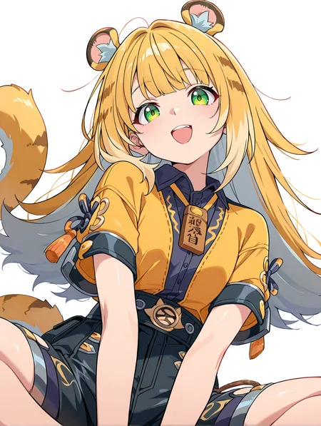 ju_fufu,1girl, animal ear fluff, animal ears, black shorts, blonde hair,grey inner hair, green eyes, long hair, looking at viewer, multicolored hair, open mouth, shorts, simple background, smile, solo, tail, tiger ears, tiger girl, tiger tail,cowboy shot, dynamic pose, from_below,sitting, indian style
<lora:ju_fufu-wildcard-ill2.0-t0:1>, (masterpiece), (best quality), (ultra-detailed), very aesthetic, illustration, disheveled hair, perfect composition, moist skin, intricate details, anime artwork, anime style, vibrant, studio anime, highly detailed